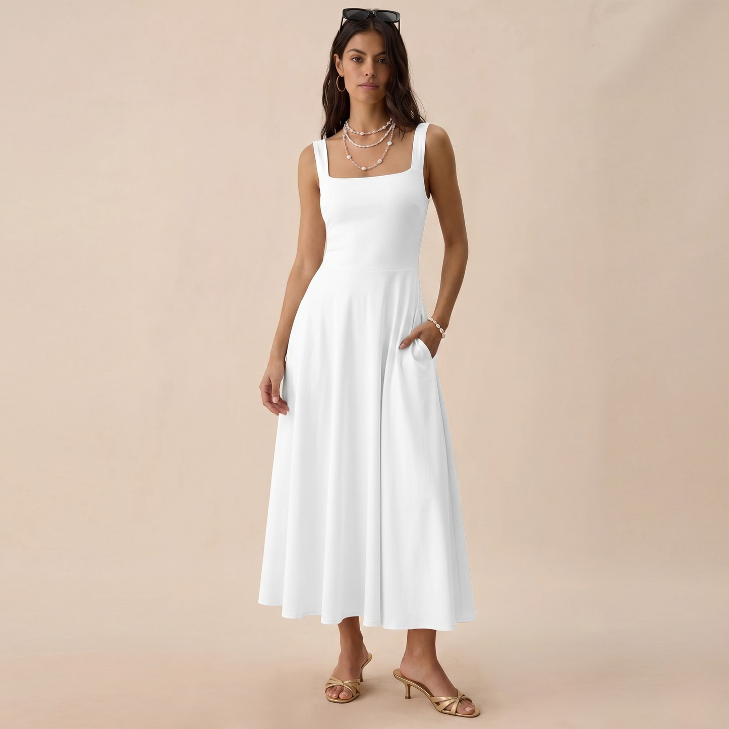 Women’s Sleeveless Square Neck Maxi Dress with Pockets & Tie Back