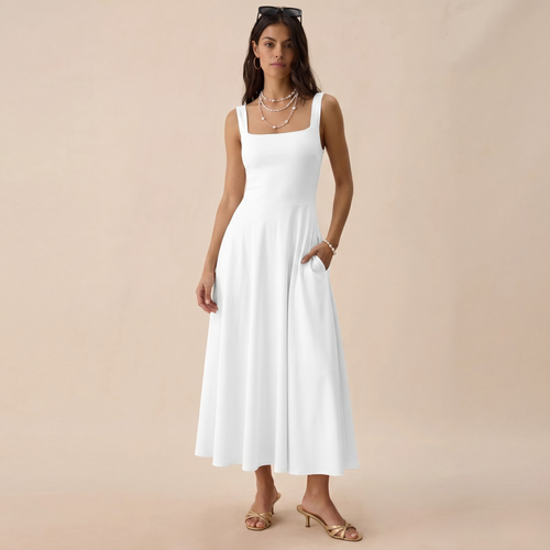 Women’s Sleeveless Square Neck Maxi Dress with Pockets & Tie Back