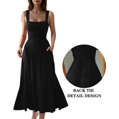 Women’s Sleeveless Square Neck Maxi Dress with Pockets & Tie Back