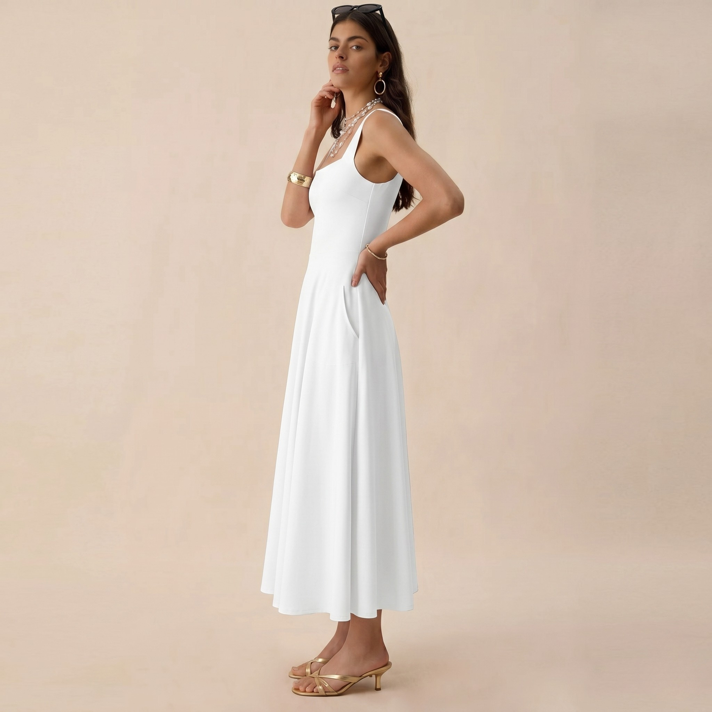 Women’s Sleeveless Square Neck Maxi Dress with Pockets & Tie Back