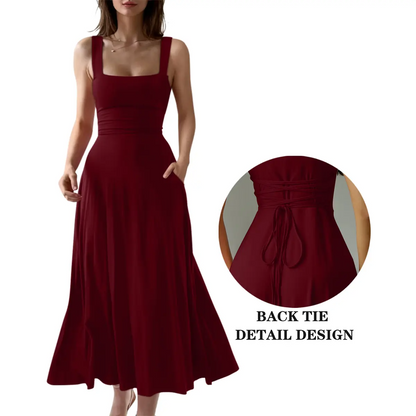Women’s Sleeveless Square Neck Maxi Dress with Pockets & Tie Back