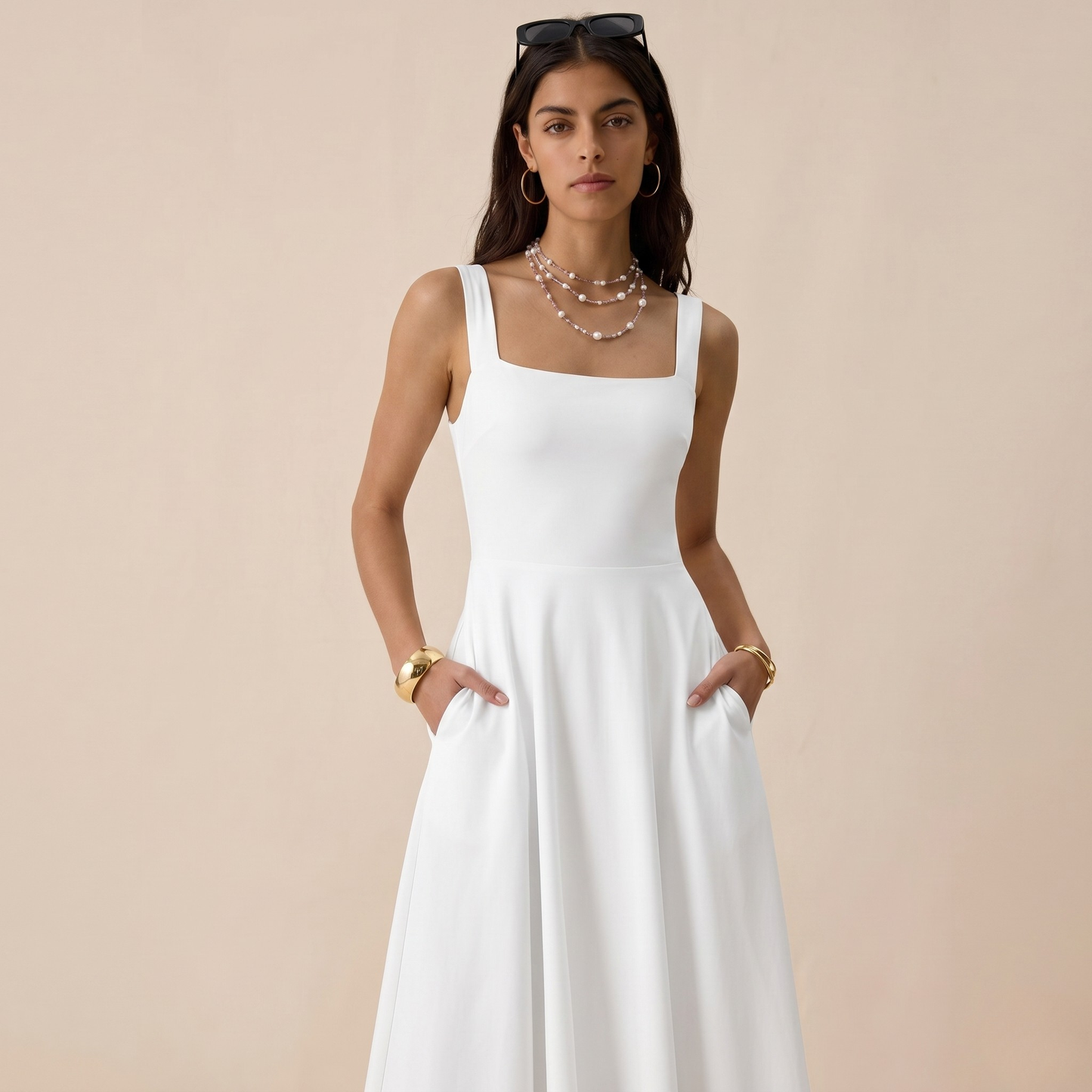 Women’s Sleeveless Square Neck Maxi Dress with Pockets & Tie Back