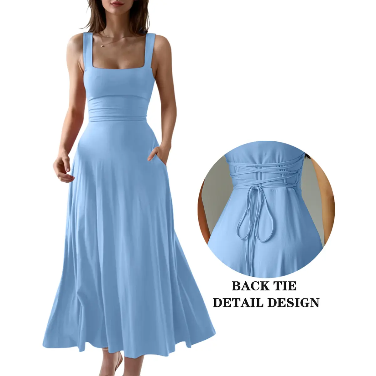 Women’s Sleeveless Square Neck Maxi Dress with Pockets & Tie Back