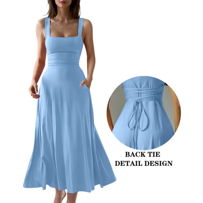 Women’s Sleeveless Square Neck Maxi Dress with Pockets & Tie Back
