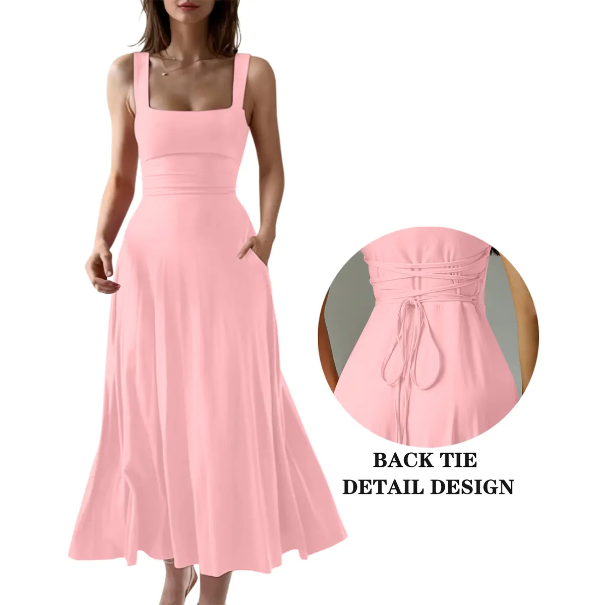 Women’s Sleeveless Square Neck Maxi Dress with Pockets & Tie Back