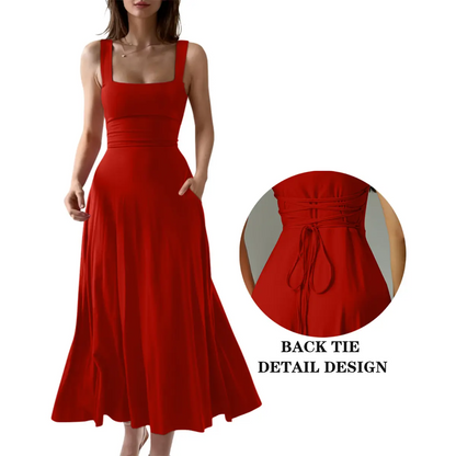 Women’s Sleeveless Square Neck Maxi Dress with Pockets & Tie Back