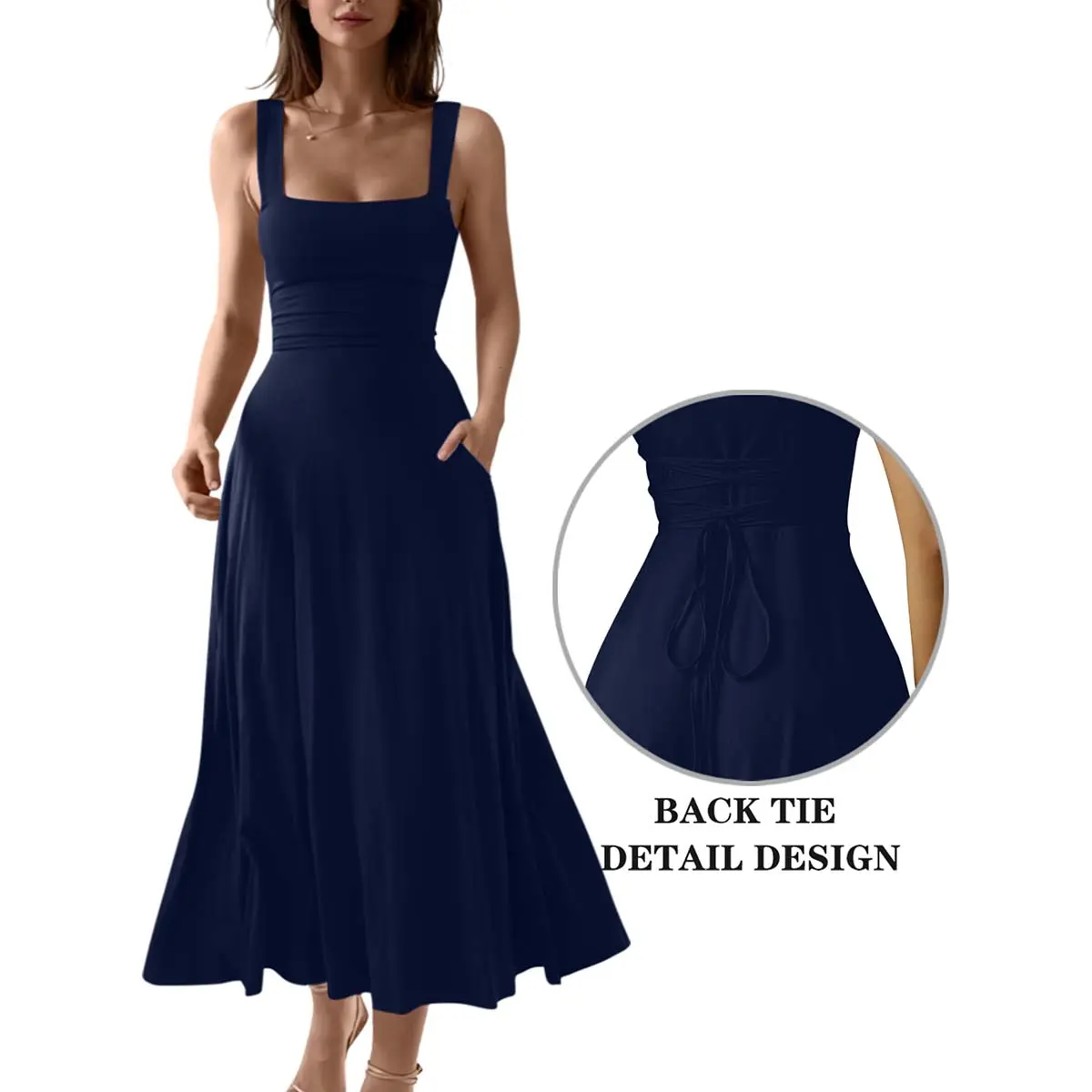 Women’s Sleeveless Square Neck Maxi Dress with Pockets & Tie Back