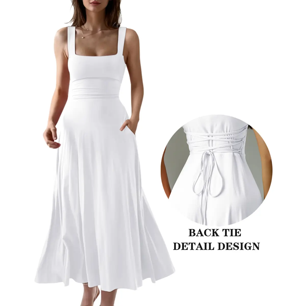 Women’s Sleeveless Square Neck Maxi Dress with Pockets & Tie Back